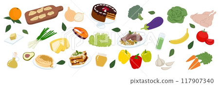 Dish food. Meal restaurant graphic. Meat steak. Oil bottle. Tasty salmon fish. Delicious cake. Salad plate. Vegetable ingredients. Cheese and butter. Culinary flat drawing. Vector cooking products set 117907340