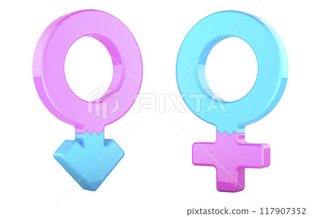 Gender transitions, concept. Female to male, male to female transition surgery. 3D rendering Gender transitions, concept. Female to male, male to female transition surgery. 3D rendering 117907352