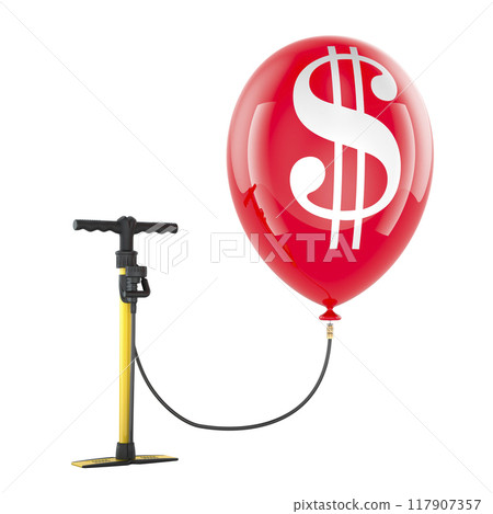 Manual hand air pump inflates balloon with dollar symbol. 3D illustration Manual hand air pump inflates balloon with dollar symbol. 3D illustration 117907357