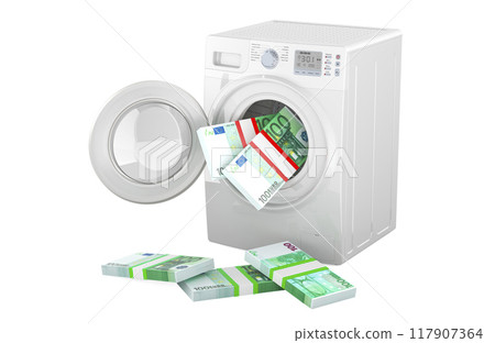 Washing machine with euro packs. Money laundering, concept. 3D rendering 117907364