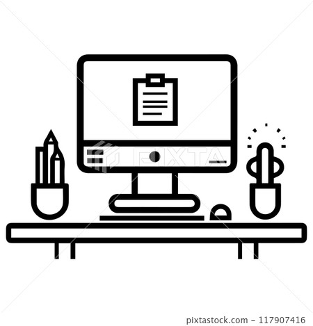 desk icon or modern line symbol. Vector line art and icon design with bold outline. Black and white Pixel Perfect minimalistic symbol isolated white background. Silhouette simple thin sign desk icon or modern line symbol. Vector line art and icon design with bold outline. Black and white Pixel Perfect minimalistic symbol isolated white background. Silhouette simple thin sign 117907416