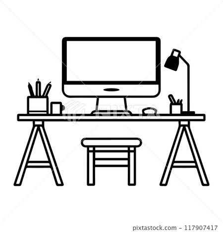 desk icon or modern line symbol. Vector line art and icon design with bold outline. Black and white Pixel Perfect minimalistic symbol isolated white background. Silhouette simple thin sign desk icon or modern line symbol. Vector line art and icon design with bold outline. Black and white Pixel Perfect minimalistic symbol isolated white background. Silhouette simple thin sign 117907417