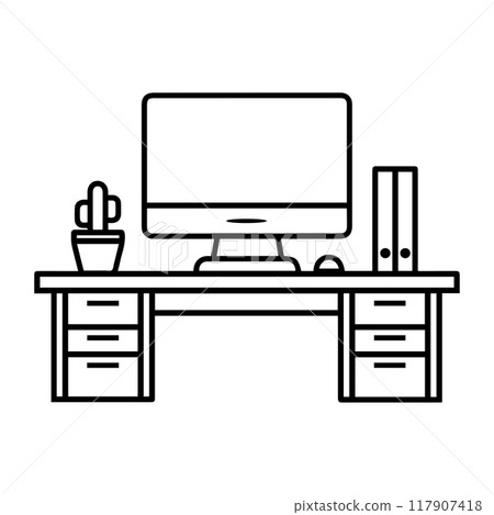 desk icon or modern line symbol. Vector line art and icon design with bold outline. Black and white Pixel Perfect minimalistic symbol isolated white background. Silhouette simple thin sign desk icon or modern line symbol. Vector line art and icon design with bold outline. Black and white Pixel Perfect minimalistic symbol isolated white background. Silhouette simple thin sign 117907418