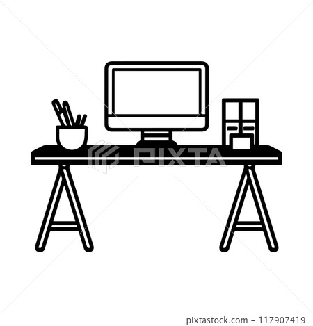 desk icon or modern line symbol. Vector line art and icon design with bold outline. Black and white Pixel Perfect minimalistic symbol isolated white background. Silhouette simple thin sign desk icon or modern line symbol. Vector line art and icon design with bold outline. Black and white Pixel Perfect minimalistic symbol isolated white background. Silhouette simple thin sign 117907419