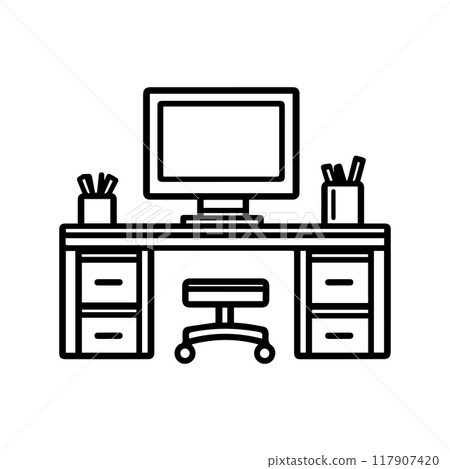 desk icon or modern line symbol. Vector line art and icon design with bold outline. Black and white Pixel Perfect minimalistic symbol isolated white background. Silhouette simple thin sign desk icon or modern line symbol. Vector line art and icon design with bold outline. Black and white Pixel Perfect minimalistic symbol isolated white background. Silhouette simple thin sign 117907420