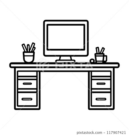 desk icon or modern line symbol. Vector line art and icon design with bold outline. Black and white Pixel Perfect minimalistic symbol isolated white background. Silhouette simple thin sign desk icon or modern line symbol. Vector line art and icon design with bold outline. Black and white Pixel Perfect minimalistic symbol isolated white background. Silhouette simple thin sign 117907421