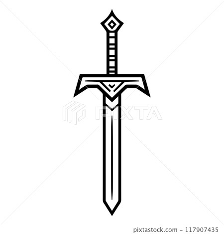 Sword icon or modern line symbol. Vector line art and icon design with bold outline. Black and white Pixel Perfect minimalistic symbol isolated white background. Silhouette simple thin sign 117907435