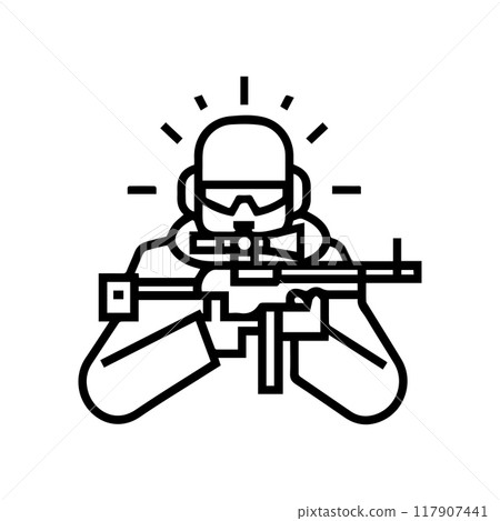 Sniper icon or modern line symbol. Vector line art and icon design with bold outline. Black and white Pixel Perfect minimalistic symbol isolated white background. Silhouette simple thin sign 117907441