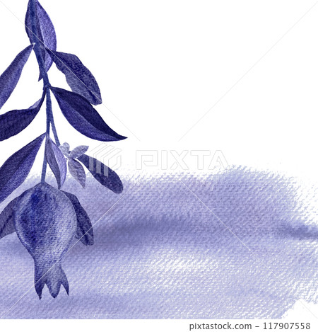 Monochrome card with pomegranate branch on watercolor background isolated on white. Hand painted watercolor in shades of Future dusk pantone color ideal for banners, posters, food blogs, print 117907558
