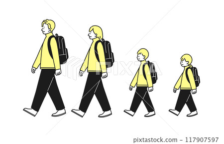 Illustration of a family walking with backpacks Illustration of a family walking with backpacks 117907597