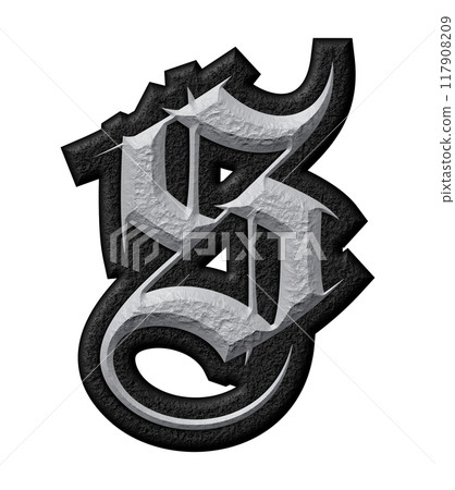 3D rendered illustration. Grungy gothic letter. Art blackletter font. 117908209