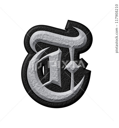 3D rendered illustration. Grungy gothic letter. Art blackletter font. 117908210