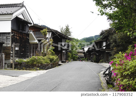 妻籠宿的舊街景和山巒,鮮綠的花朵 妻籠宿的舊街景和山巒,鮮綠的花朵 117908352