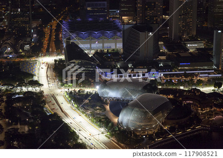 Aerial view of the Esplanade Theatres in Singapore by night Aerial view of the Esplanade Theatres in Singapore by night 117908521
