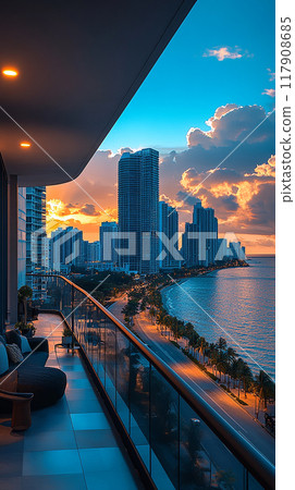 A city skyline is visible from a balcony overlooking the ocean 117908685