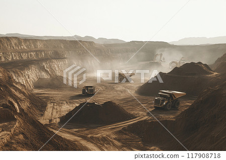 A large open pit mine with a lot of dirt and dust 117908718