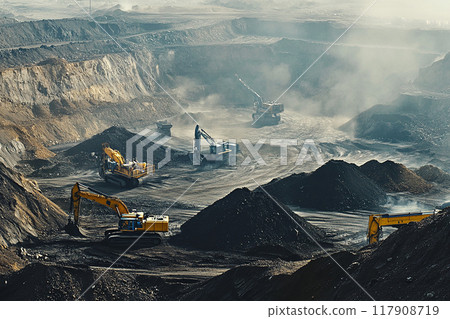 A large construction site with a lot of machinery and a lot of dirt 117908719
