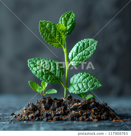 A small green plant is growing in the dirt 117908763