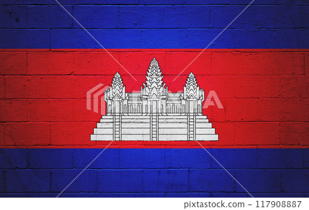 Flag of Cambodia painted on a wall Flag of Cambodia painted on a wall 117908887
