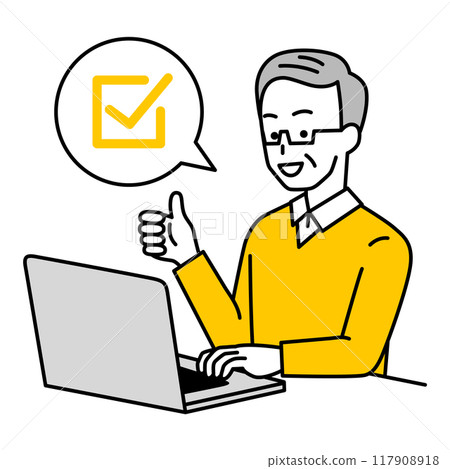 An older man working on a laptop signaling completion 117908918