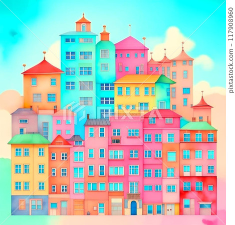 Abstract buildings in city on watercolor painting. City scape watercolor painting in bright colors. 117908960