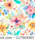 Pastel watercolor flowers with stems and leaves. Watercolor art background. 117908965