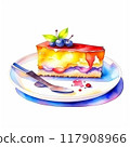 Piece of chocolate cake with cream and berries, birthday tasty bake. Watercolor illustration. 117908966