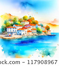 Beautiful European town on summer sea coast illustration. Natural panoramic landscape view sky, water, city houses, ships and boats amazing seascape. 117908967