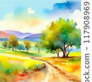 Olive plantation with old olive trees in Italy watercolor illustration. Summer landscape. 117908969