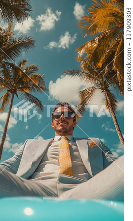 A man in a suit and tie is sitting in a pool with palm trees in the background 117909303
