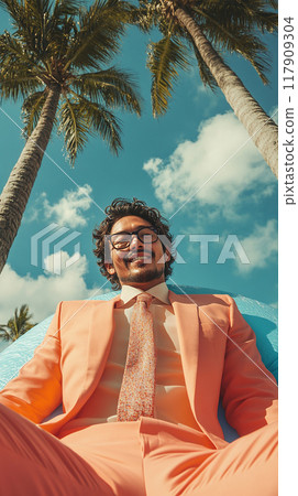 A man in a suit and tie is sitting on a blue inflatable pool 117909304