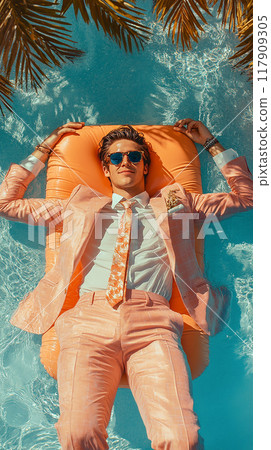 A man in a suit and tie is laying on an orange inflatable raft in a pool 117909305