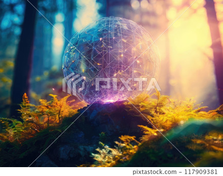 Abstract network background in a wild forest. Futuristic technologies. 117909381