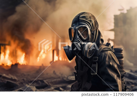 Man wearing gas mask used to protect and adverse effects of the atmosphere with toxic emissions. 117909406