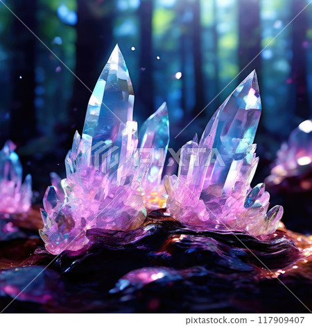 Luminous beautiful magic crystals in a dark forest. Luminous beautiful magic crystals in a dark forest. 117909407