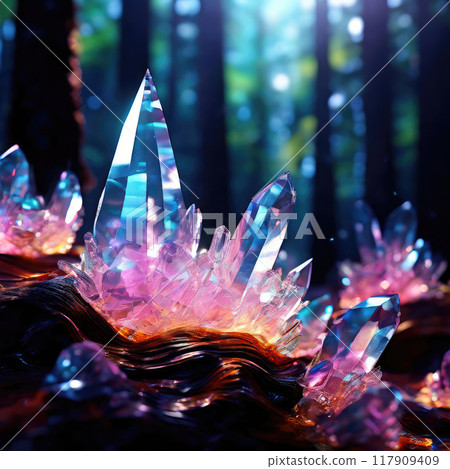Luminous beautiful magic crystals in a dark forest. 117909409