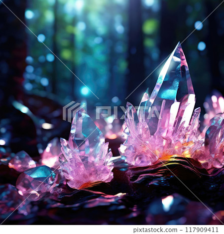 Luminous beautiful magic crystals in a dark forest. Luminous beautiful magic crystals in a dark forest. 117909411