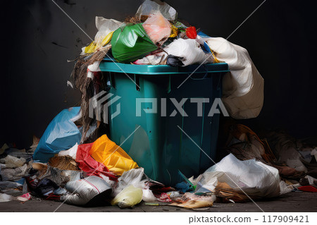 Overflowing trash garbage container. Rubbish sorting and recycling. 117909421