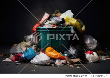 Overflowing trash garbage container. Rubbish sorting and recycling. 117909423