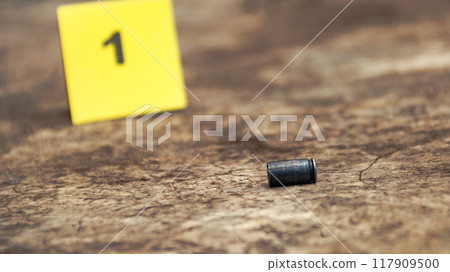 Spent bullet casing lying on the ground with blur number 1 sign. Concepts of shooting sports and security highlighting the dual nature of firearms in both competitive sport and protective measures. 117909500