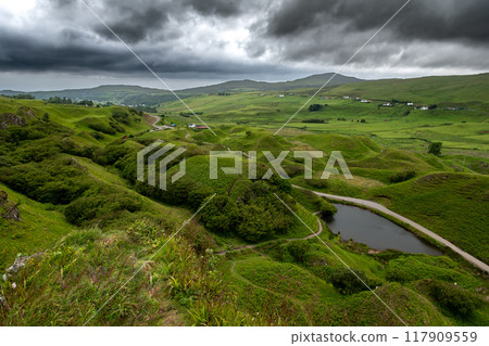 Mystic Valley Fairy Glen With Small Pools And Hills And Narrow Paths Near The Village Uig On The Isle Of Skye In Scotland, UK Mystic Valley Fairy Glen With Small Pools And Hills And Narrow Paths Near The Village Uig On The Isle Of Skye In Scotland, UK 117909559