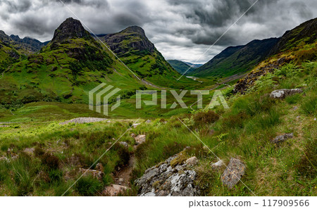 Spectacular Valley Of Glencoe And Rural Highland Landscape In Lochaber In Scotland, UK Spectacular Valley Of Glencoe And Rural Highland Landscape In Lochaber In Scotland, UK 117909566