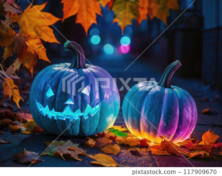 Iridescent Halloween background with traditional elements. Holographic pumpkins. 117909670