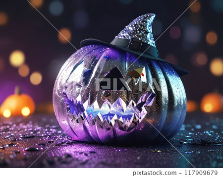 Iridescent Halloween background with traditional elements. Holographic pumpkins. 117909679