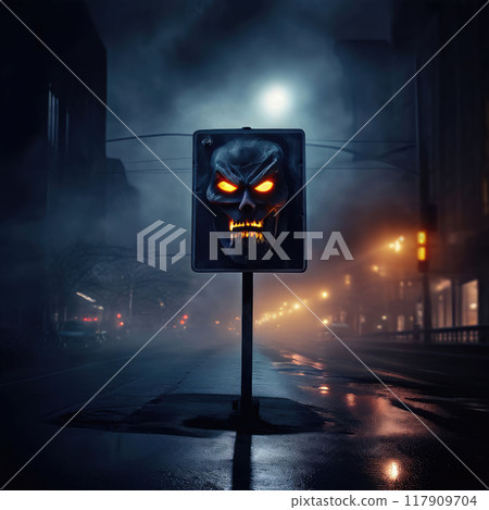 Iridescent Halloween background with traditional elements. Sinister sign on a street at night. 117909704