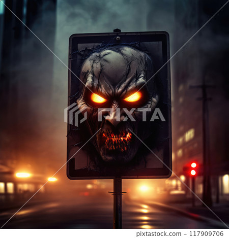 Iridescent Halloween background with traditional elements. Sinister sign on a street at night. 117909706