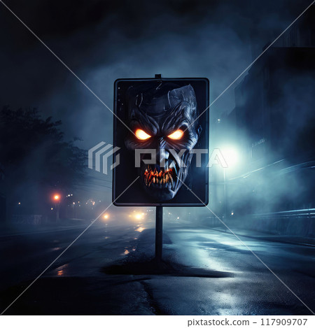 Iridescent Halloween background with traditional elements. Sinister sign on a street at night. 117909707