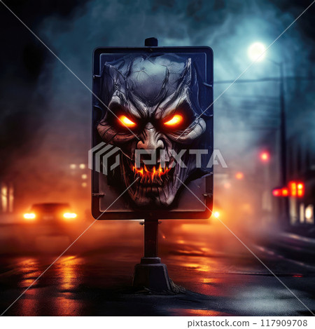 Iridescent Halloween background with traditional elements. Sinister sign on a street at night. 117909708