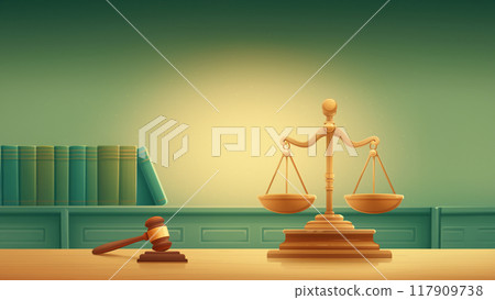 Judge's table with scales and judge's gavel and a shelf with books in the background. Copy space. 117909738