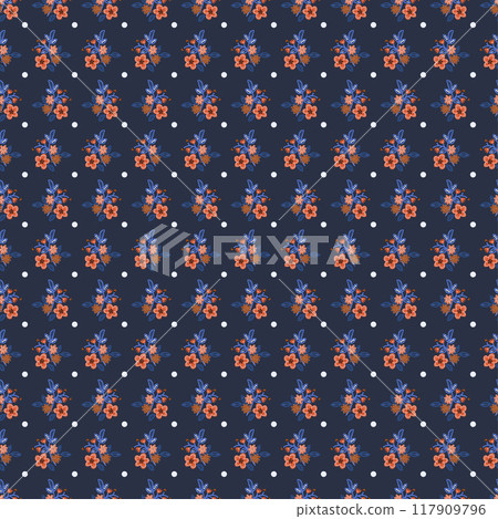 Seamless pattern with blooming flowers and polka dots. Vector 117909796